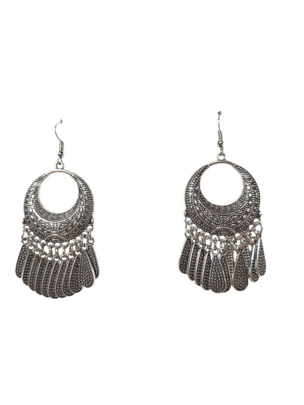 Silver Tone Crescent Teardrop Dangle Earrings